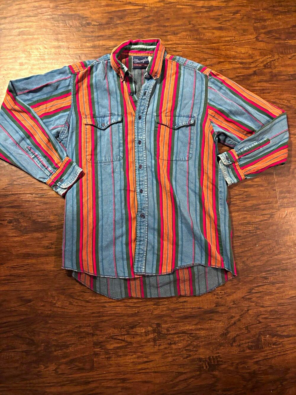 Vintage Wrangler Men's 16 1/2-34 Striped Blue Denim LS Button-Down Shirt Pockets